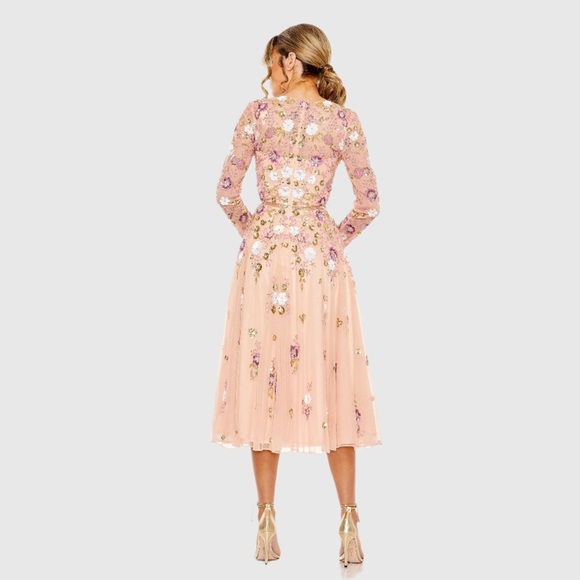 NWT $598 MAC DUGGAL Sequined Floral Long Sleeve High Neck Midi Dress Blush 5716 - Picture 4 of 4